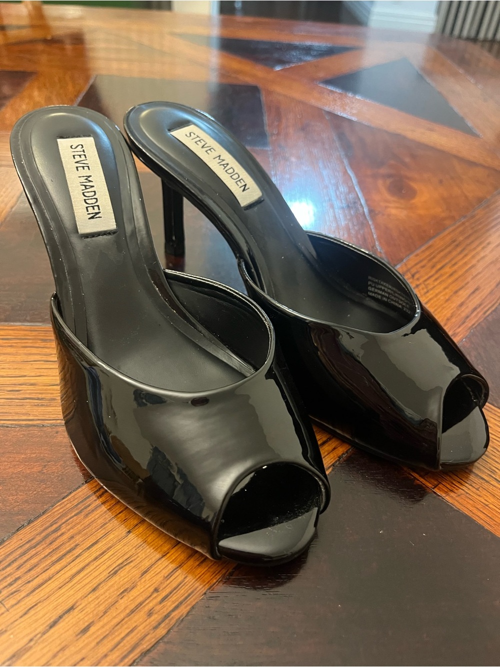 Steve Madden Black Patent Peep Toe Mule Heels